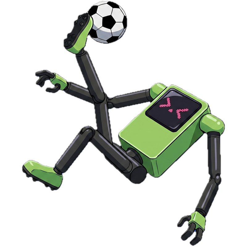 Simmer robot mascot performing a bicycle kick